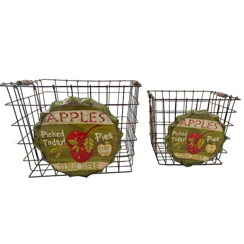Vintage Metal Wire Locker Baskets Apple Pie Farmhouse Storage | Set of 2